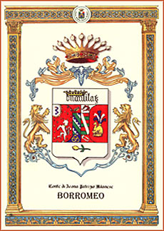 esempio di pergamena con stemma a colori , corona e titolo nobiliare