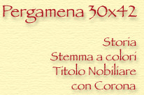 Pergamena cm 30x42 con storia stemma a colori titolo con corona